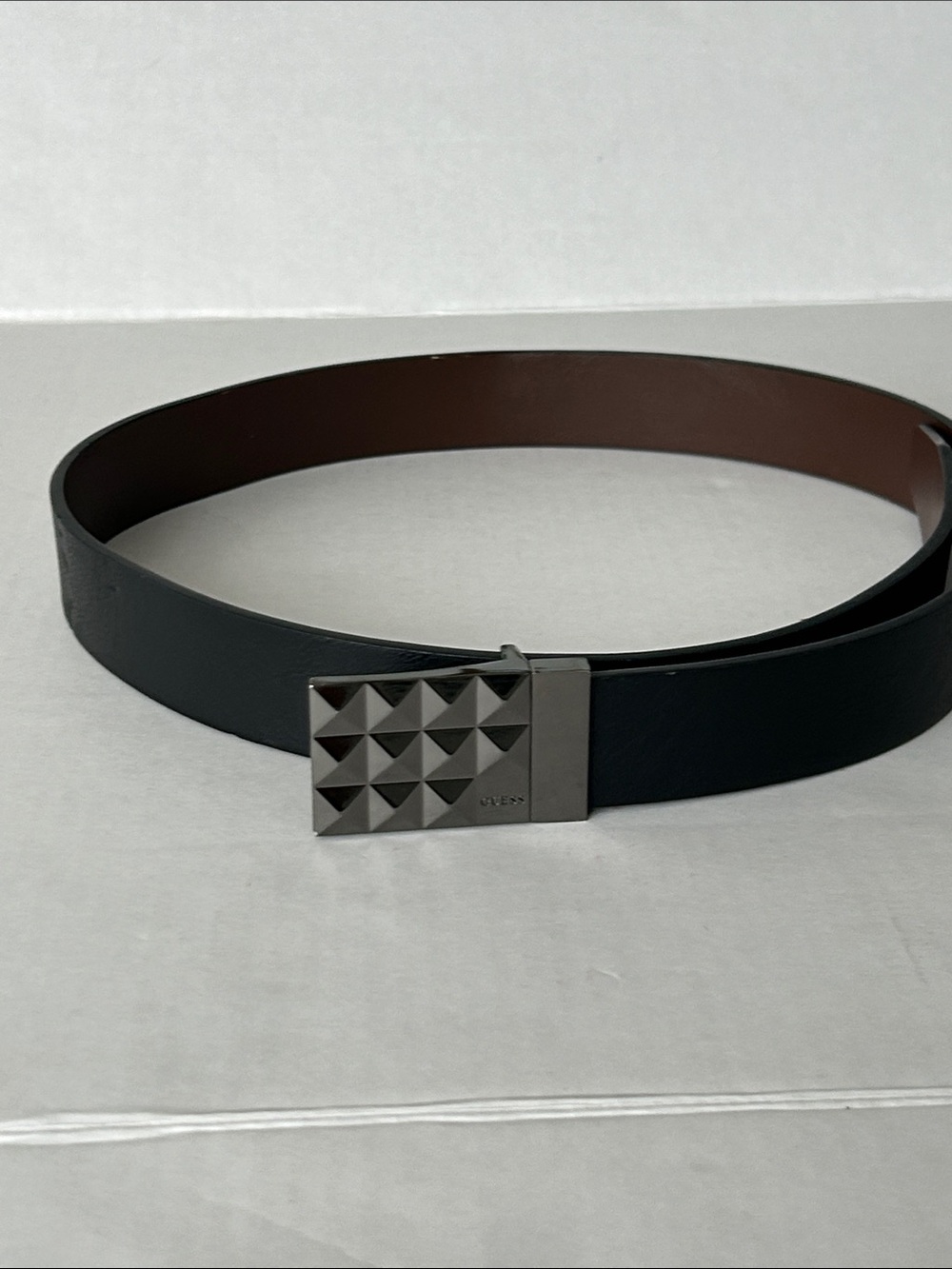 Guess Black Leather Belt with Studded Pyramid Buckle